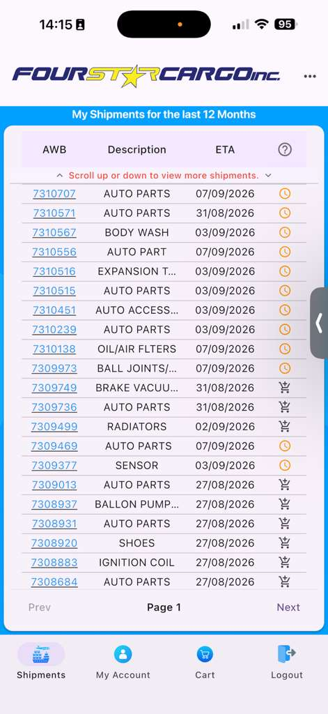 Four Star Cargo app shipment history screen